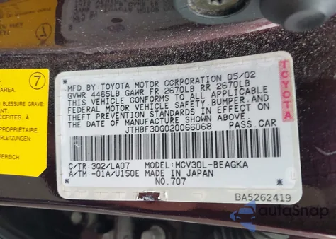 2002 Lexus Es 300 z USA, uszkodzony, nr VIN JTHBF30G020066068